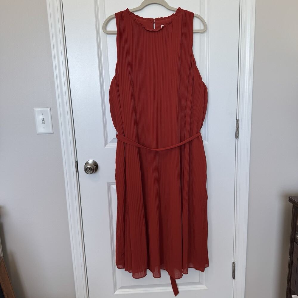 A New Day Pleated Midi Tank Dress Ruffle Collar Tie Belt Size 3X Orange - Picture 2 of 10